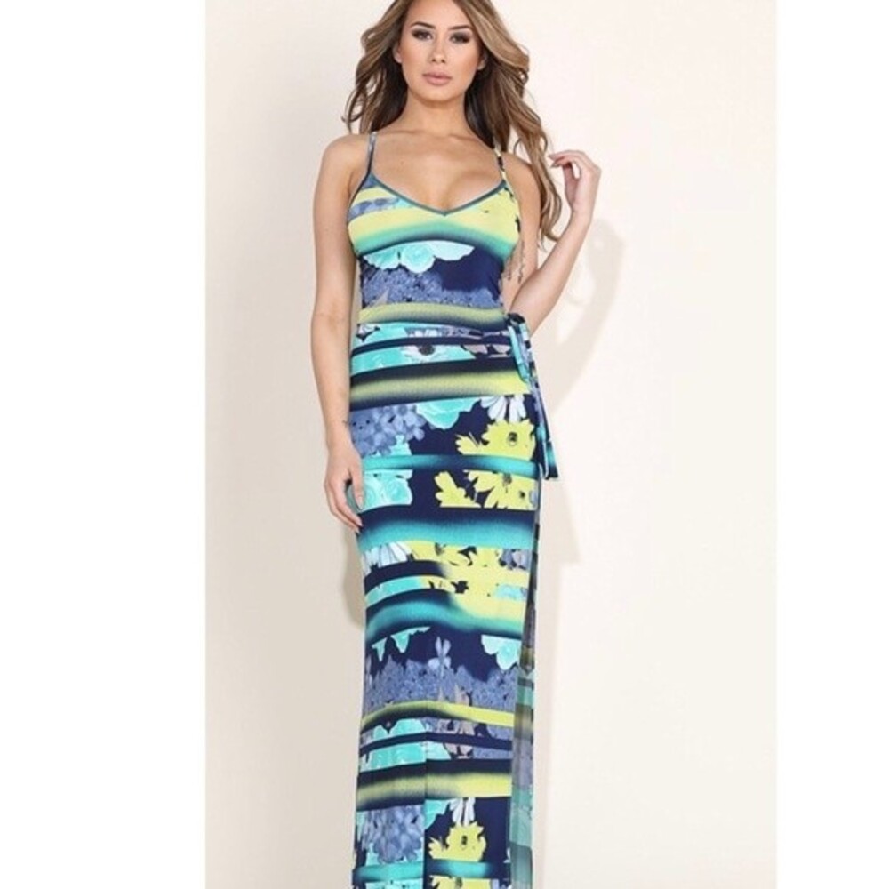 K TOO  women’s floral print spaghetti strap maxi dress with  side slit size S